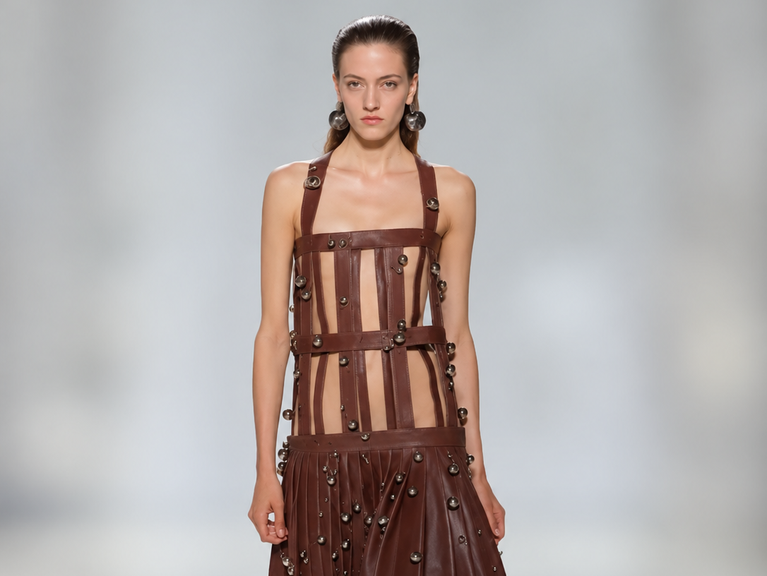 Mannequin portant une robe marron à lanières de cuir et ornements métalliques lors du défilé Jean Paul Gaultier printemps-été 2027 à Paris.