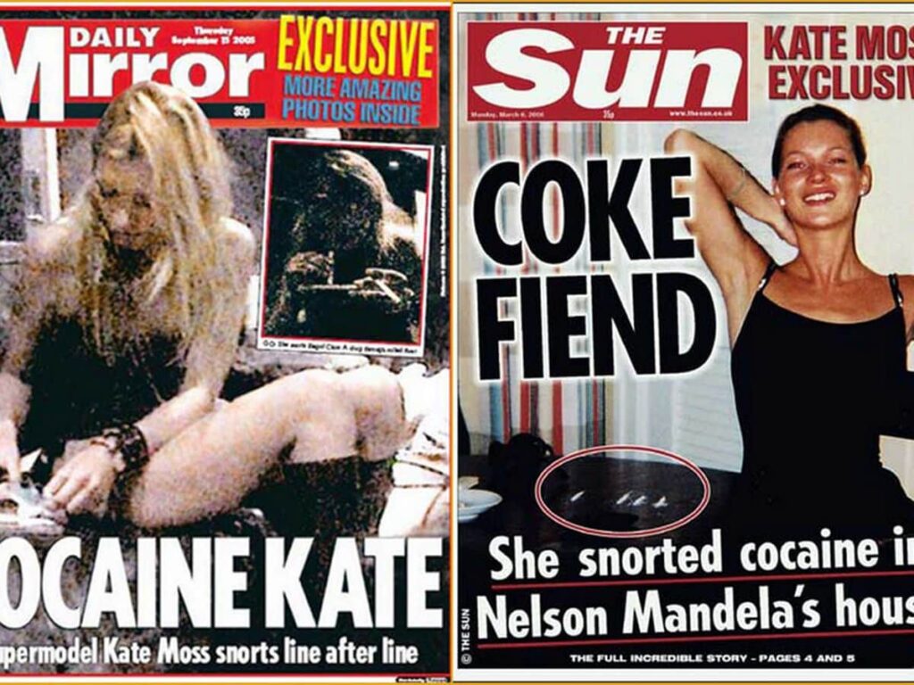 Unes du Daily Mirror et du Sun consacrées à Kate Moss et au scandale de la cocaïne en 2005.