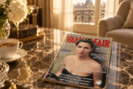 Couverture de Vanity Fair de décembre 2005 avec Kate Moss, posée sur une table basse en marbre dans un hôtel de luxe.