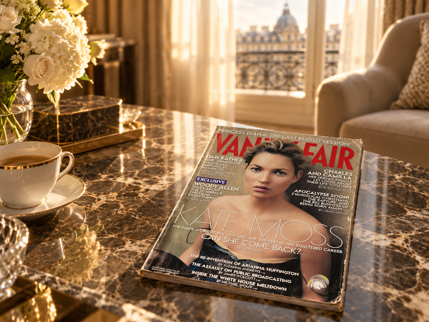 Couverture de Vanity Fair de décembre 2005 avec Kate Moss, posée sur une table basse en marbre dans un hôtel de luxe.