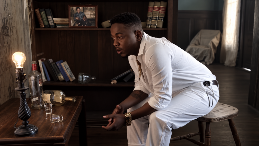 Kendrick Lamar assis devant des bouteilles d'alcool et des verres dans le clip Swimming Pools (Drank).
