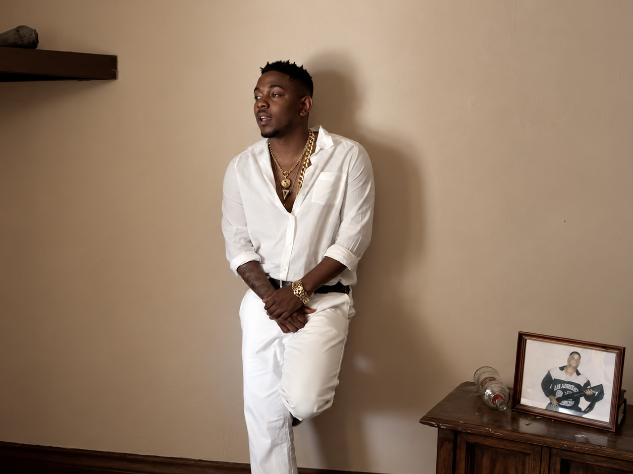 Kendrick Lamar habillé en blanc dans une pièce aux murs beiges dans le clip Swimming Pools (Drank).