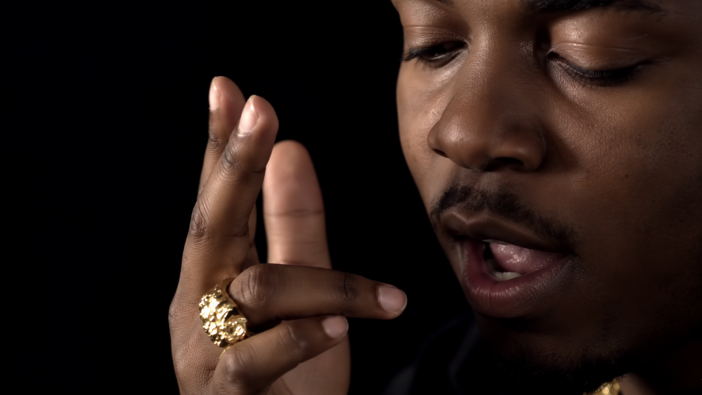 Gros plan sur le visage et la main de Kendrick Lamar portant une bague dorée dans Swimming Pools (Drank).