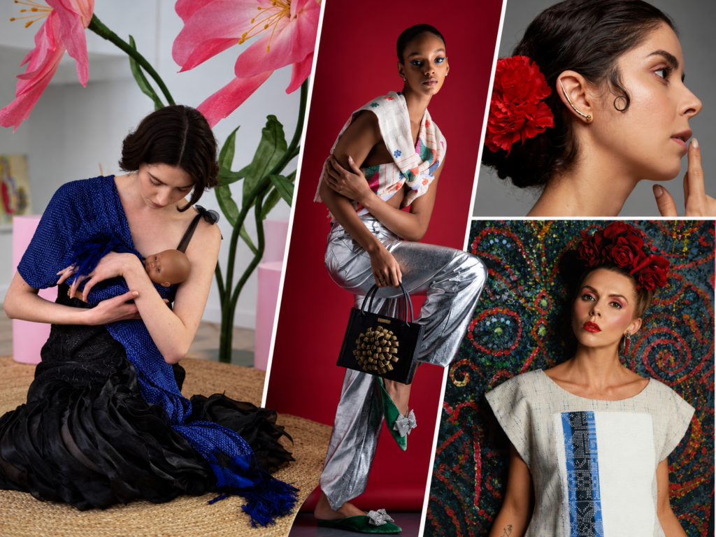Montage de quatre photographies  KOUA México, mêlant vêtements contemporains, textiles artisanaux mexicains et accessoires fleuris.
