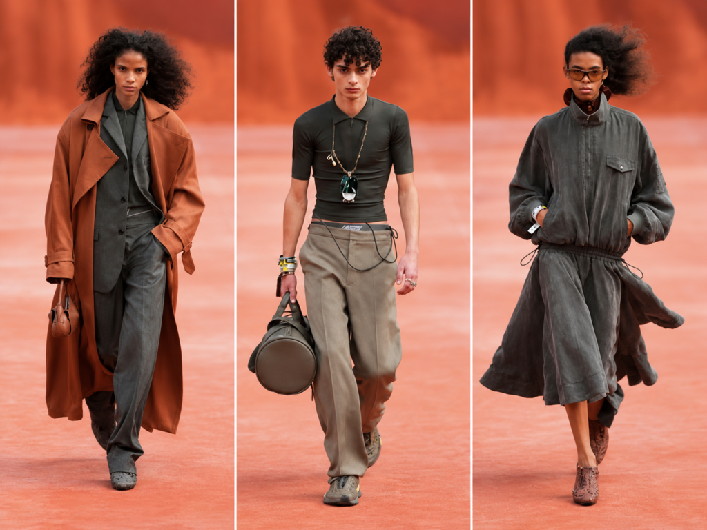 Trois silhouettes du défilé Lacoste printemps-été 2027 à la Paris Fashion Week : trench marron, pantalon ample et ensemble gris sur un podium terracotta.