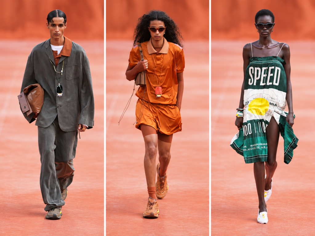 Trois silhouettes du défilé Lacoste printemps-été 2027 : costume gris ample, ensemble orange sportif et robe verte à inscription SPEED sur un podium terracotta.