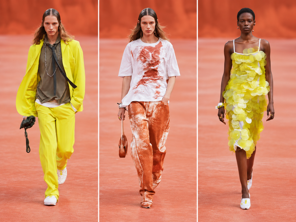 Trois silhouettes du défilé Lacoste printemps-été 2027 : tailleur jaune vif, tee-shirt blanc et pantalon cuivré au centre, robe jaune à sequins à droite.