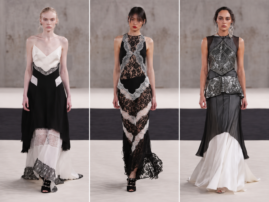 Trois robes du défilé Lanvin printemps-été 2027 à Paris : robe noire et blanche à fines bretelles, robe en dentelle noire transparente et robe à sequins argentés.