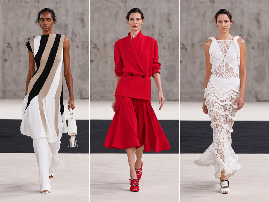 Triptyque du défilé Lanvin printemps-été 2027 avec une robe graphique noire, beige et blanche, un ensemble rouge au centre et une longue robe en dentelle blanche.