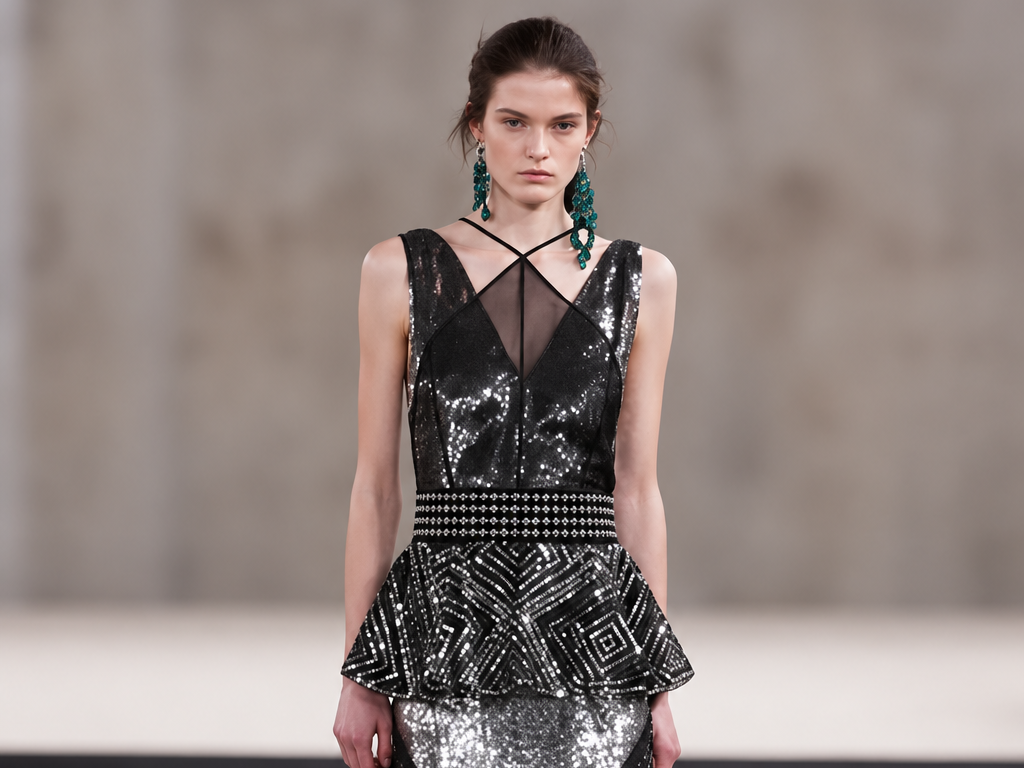 Mannequin du défilé Lanvin printemps-été 2027 portant une longue robe noire à sequins argentés, taille structurée, basque géométrique et boucles d'oreilles vertes.