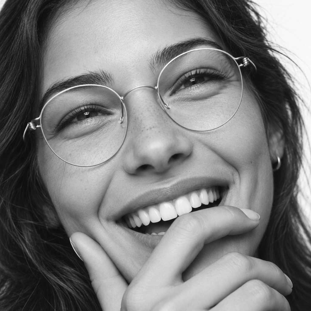 Jeune femme souriante portant des lunettes Lindberg Air Titanium Rim rondes à monture fine, en portrait noir et blanc.