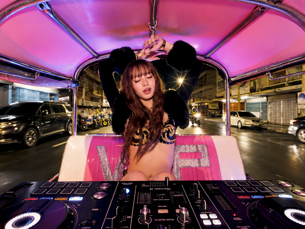 LISA de BLACKPINK dans un tuk-tuk rose à Bangkok, derrière une console DJ, lors du projet musical SaWaDiKa de TukTuk Radio.