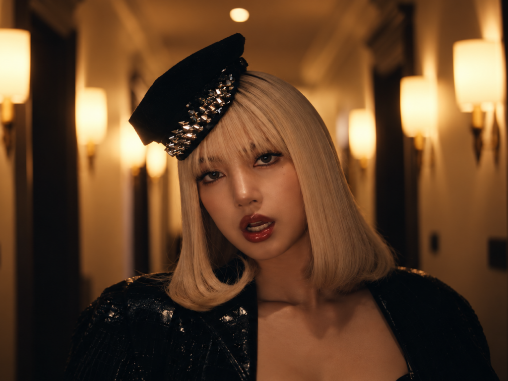 LISA de BLACKPINK avec un carré blond, un chapeau noir orné de bijoux et une veste sombre, dans un couloir éclairé de lumières dorées.
