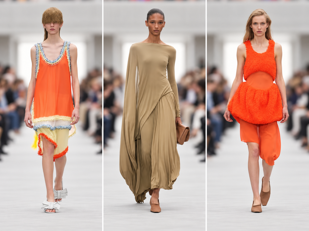 Trois silhouettes du défilé Loewe printemps-été 2027 à Paris, avec une longue robe taupe drapée au centre et deux looks orange.