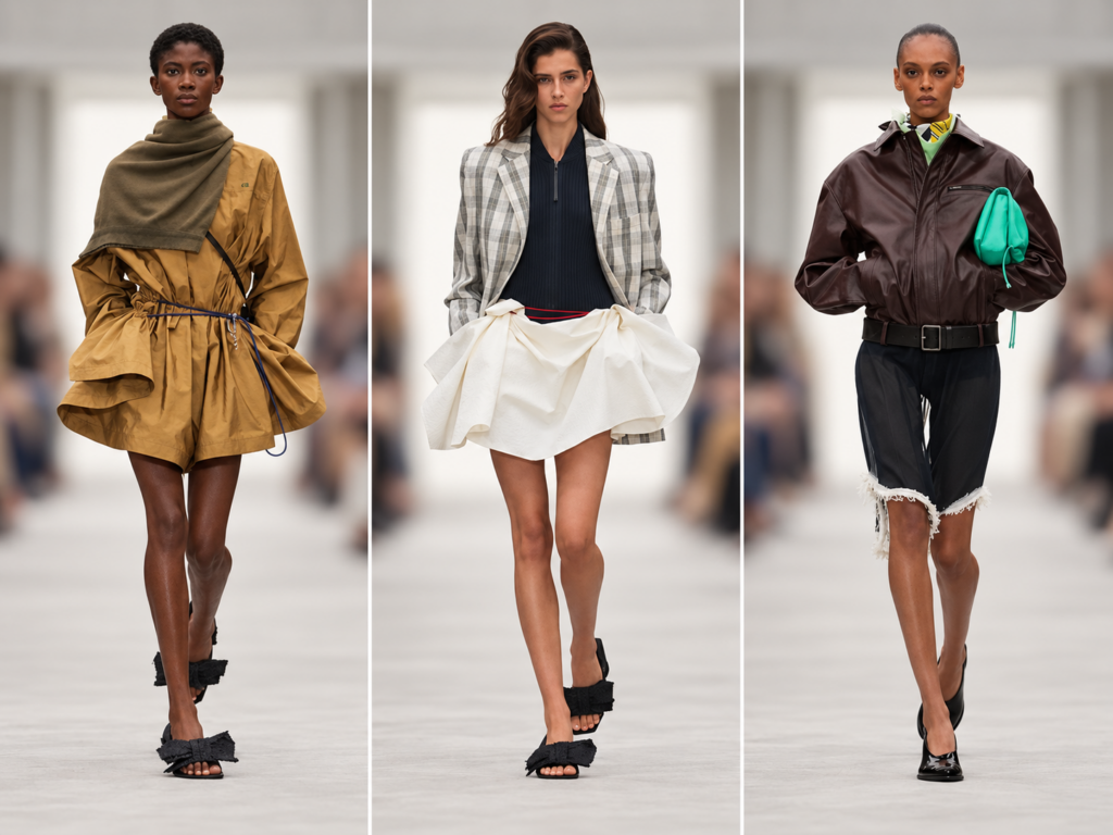 Trois silhouettes du défilé Loewe printemps-été 2027 à la Paris Fashion Week, dont une jupe blanche sculpturale au centre.