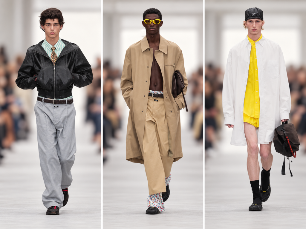 Trois silhouettes masculines du défilé Loewe printemps-été 2027 à Paris, avec blouson noir, trench beige et manteau blanc.