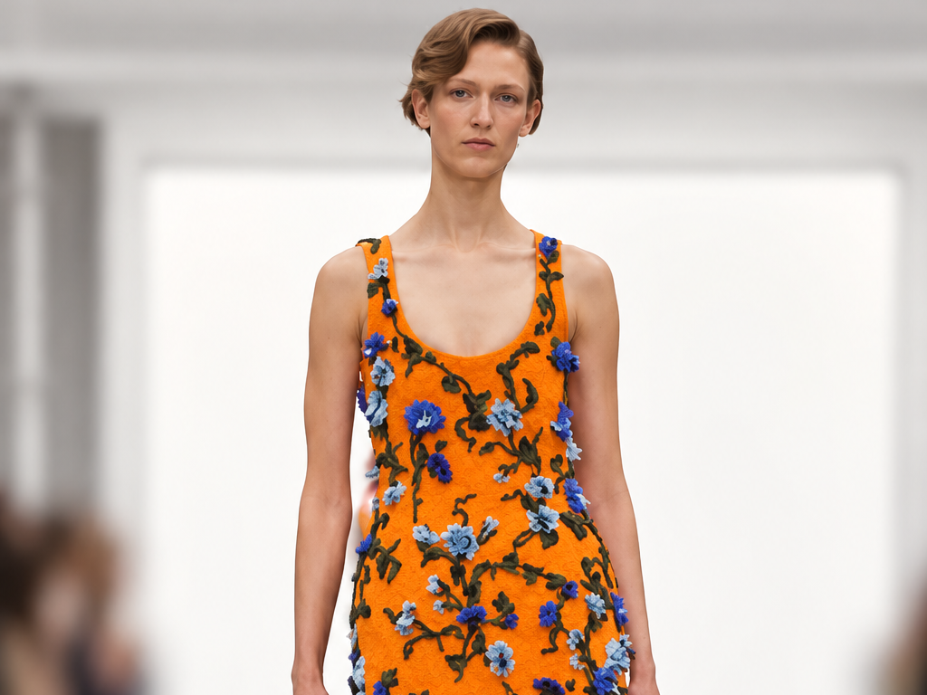 Mannequin portant une robe orange brodée de fleurs bleues lors du défilé Loewe printemps-été 2027 à Paris.