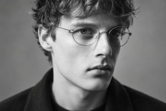 Jeune homme aux cheveux ondulés portant des lunettes Lindberg Air Titanium Rim à monture métallique fine et ronde.