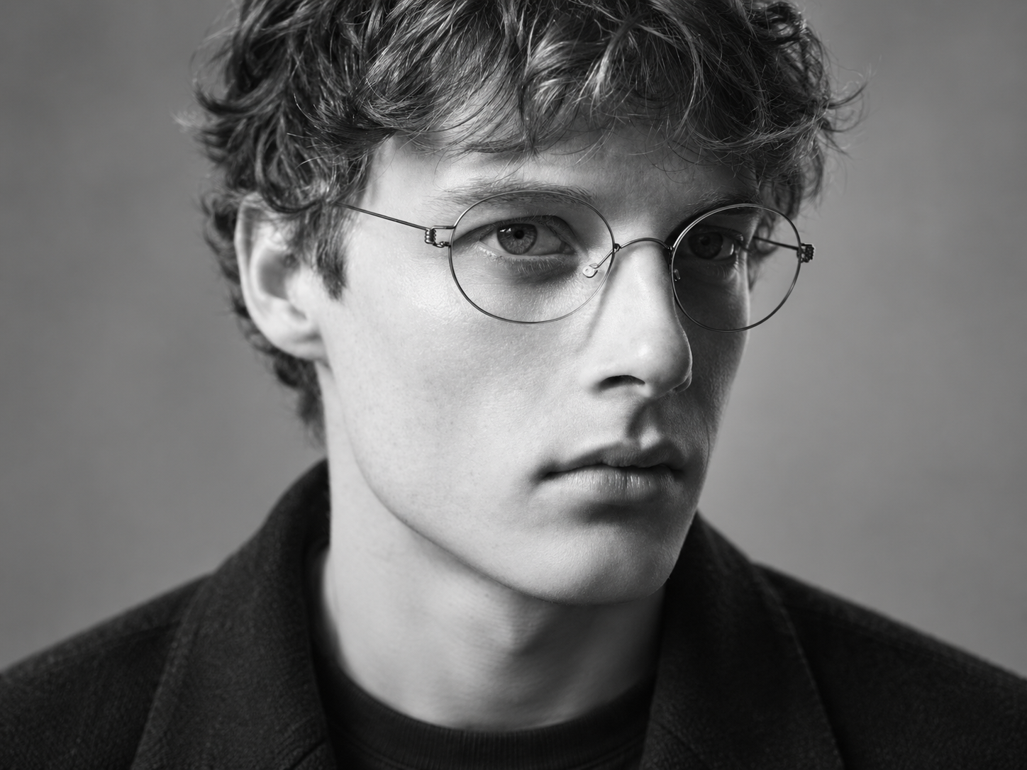 Jeune homme aux cheveux ondulés portant des lunettes Lindberg Air Titanium Rim à monture métallique fine et ronde.
