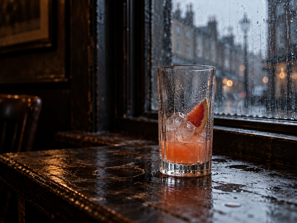 Verre de cocktail The Morning After presque vide, aux reflets rose orangé, devant la fenêtre pluvieuse d'un pub anglais.