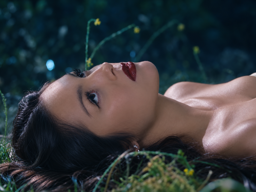 Gros plan sur Olivia Rodrigo allongée dans l'herbe, les yeux ouverts et les lèvres rouges, dans le clip Vampire.