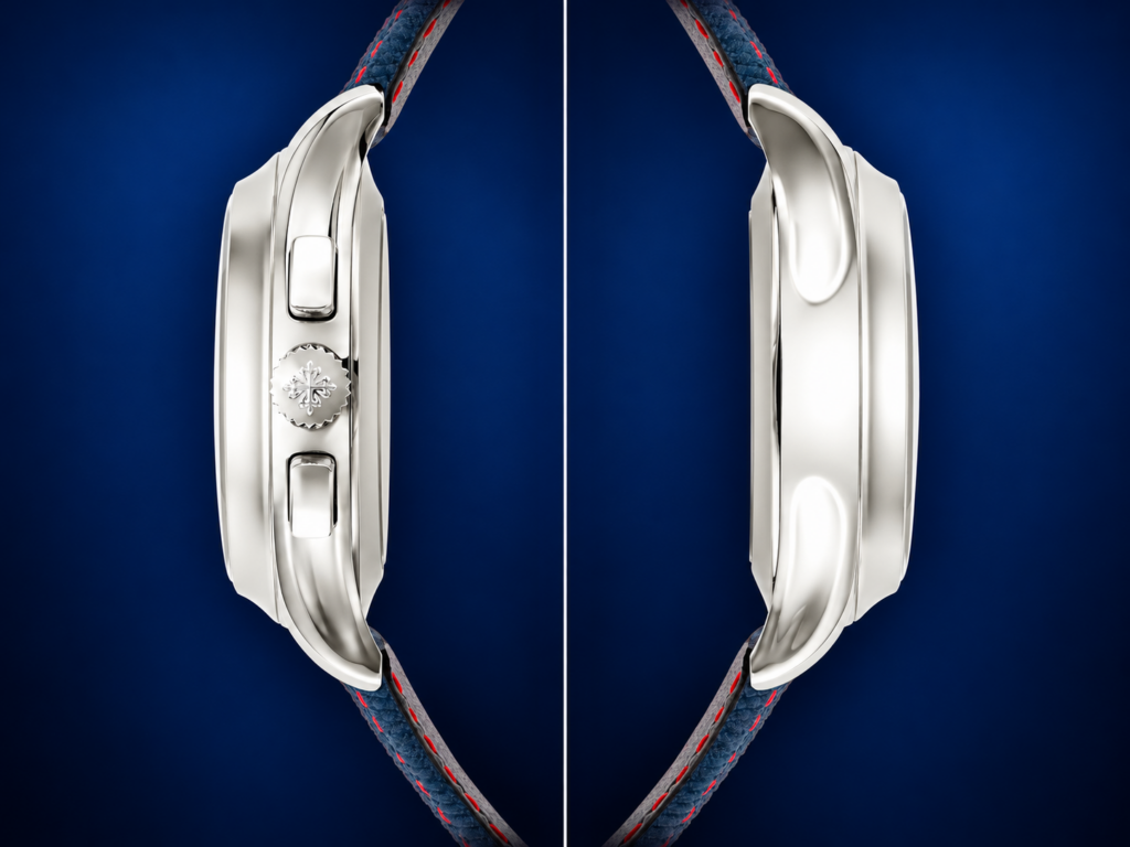 Deux vues de profil de la montre Patek Philippe 5978P-010 montrant son boîtier en platine, sa couronne, ses poussoirs de chronographe et son bracelet bleu à surpiqûres rouges.