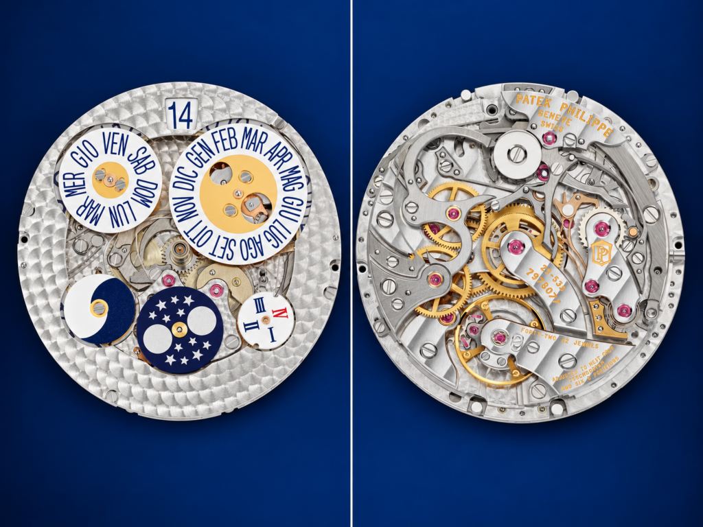 Deux faces du mouvement mécanique de la Patek Philippe 5978P-010, montrant les disques du calendrier perpétuel, les phases de lune et les rouages du chronographe.