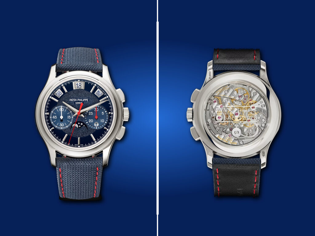 Montre Patek Philippe 5978P-010 vue de face et de dos, présentant son cadran bleu, son boîtier en platine et son mouvement mécanique.