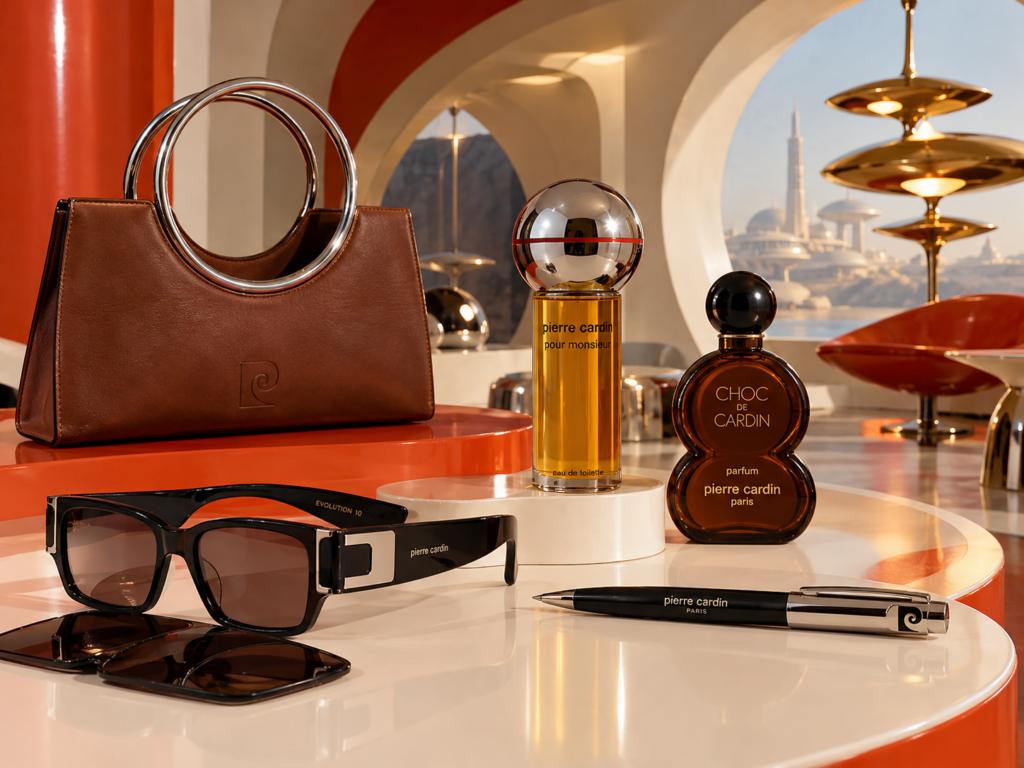 Illustration IA de l'univers Pierre Cardin avec sac marron, lunettes futuristes, parfums et stylo dans un décor rétrofuturiste.