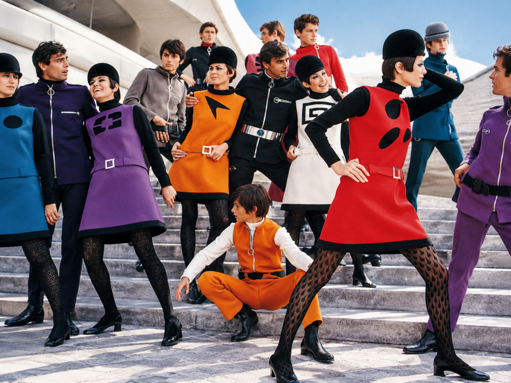 Mannequins portant des tenues futuristes inspirées de Pierre Cardin, avec robes géométriques colorées, combinaisons zippées et chapeaux noirs.