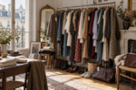Dressing encombré de vêtements, chaussures, sacs et cartons d'expédition, illustrant l'accumulation textile.