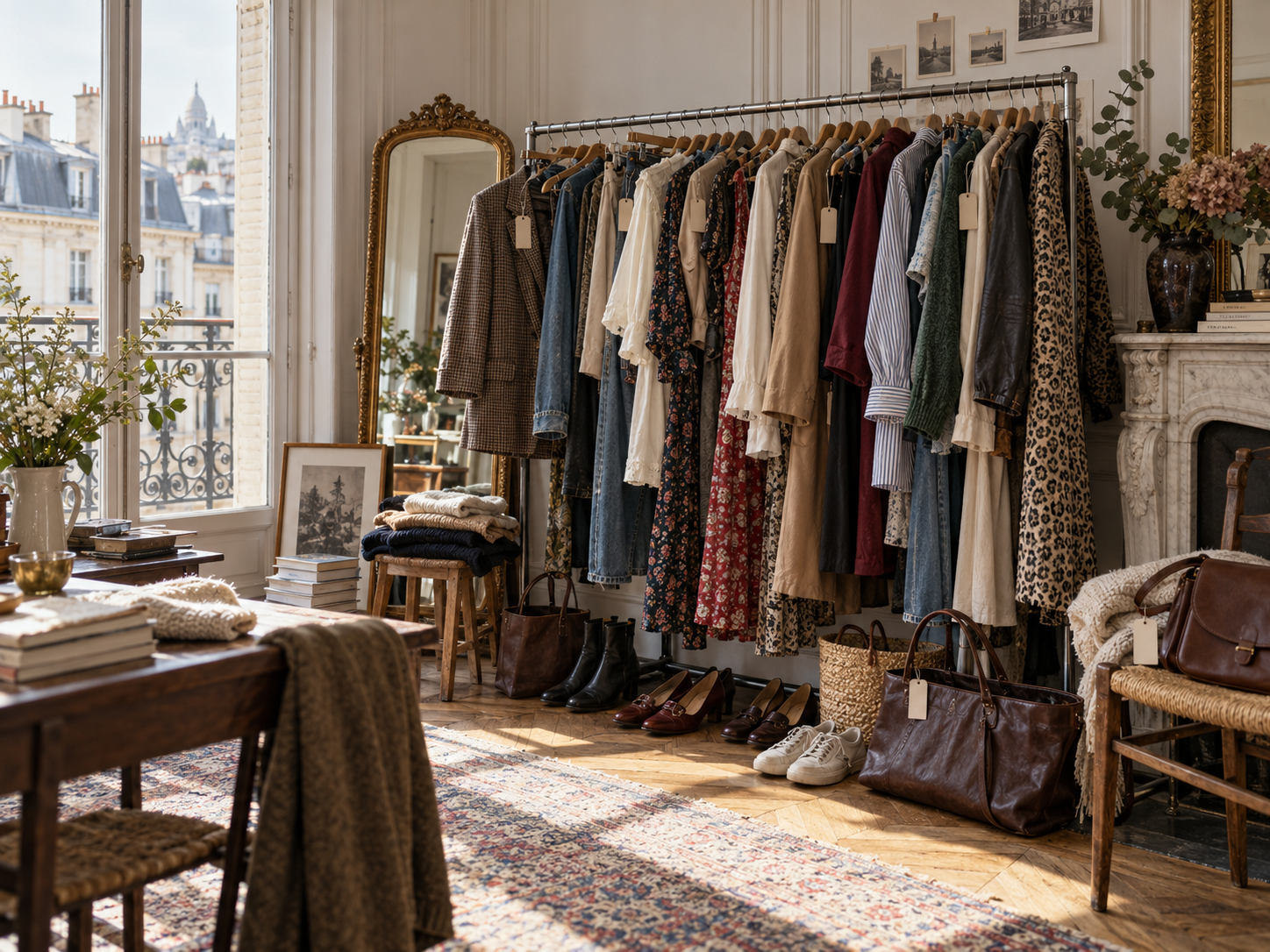 Dressing encombré de vêtements, chaussures, sacs et cartons d'expédition, illustrant l'accumulation textile.