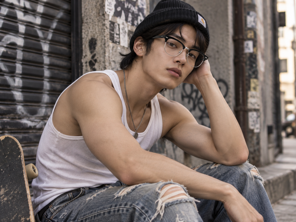 Jeune homme asiatique portant des lunettes Ray-Ban Clubmaster RX5154, un bonnet noir, un débardeur blanc et un jean déchiré dans un décor urbain.