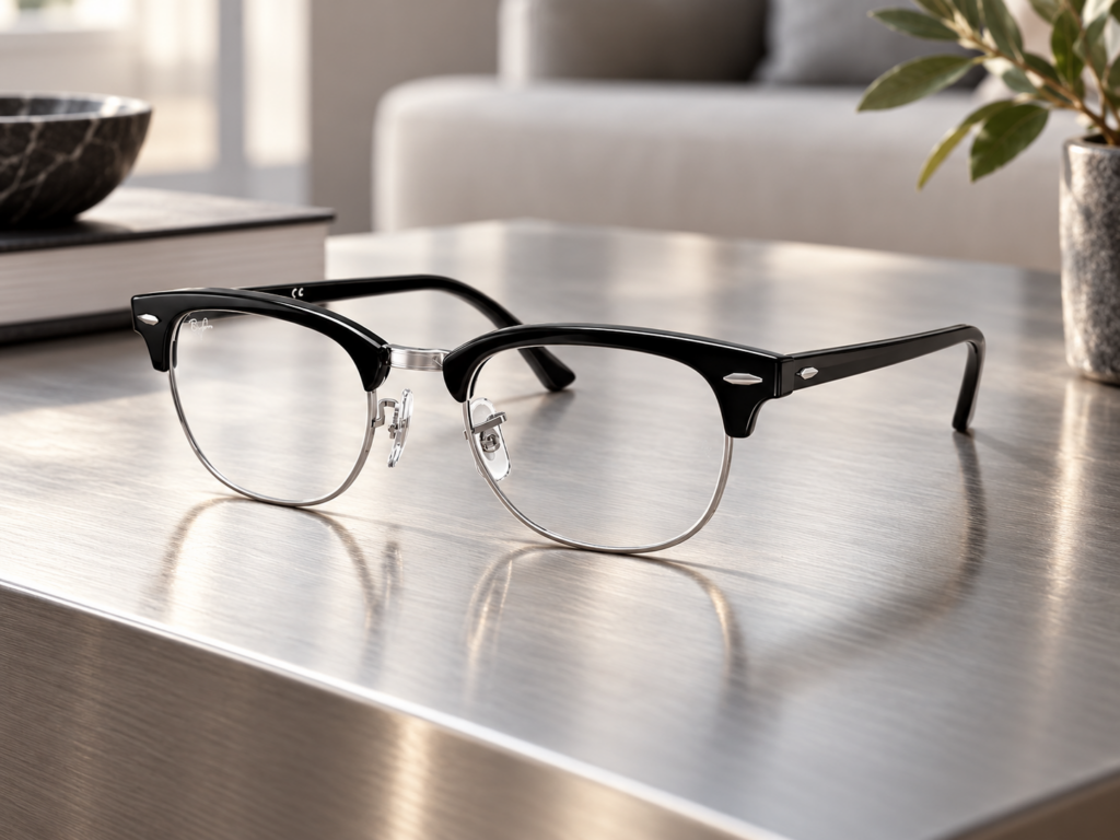Lunettes de vue Ray-Ban Clubmaster RX5154 noires et argentées posées sur une table basse moderne en métal brossé.