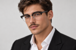 Jeune homme brun portant des lunettes de vue Ray-Ban Clubmaster RX5154 noires et argentées, avec une chemise blanche et un costume noir.