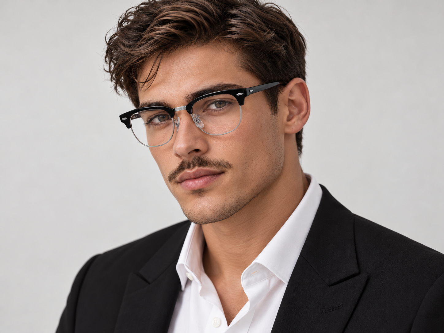 Jeune homme brun portant des lunettes de vue Ray-Ban Clubmaster RX5154 noires et argentées, avec une chemise blanche et un costume noir.