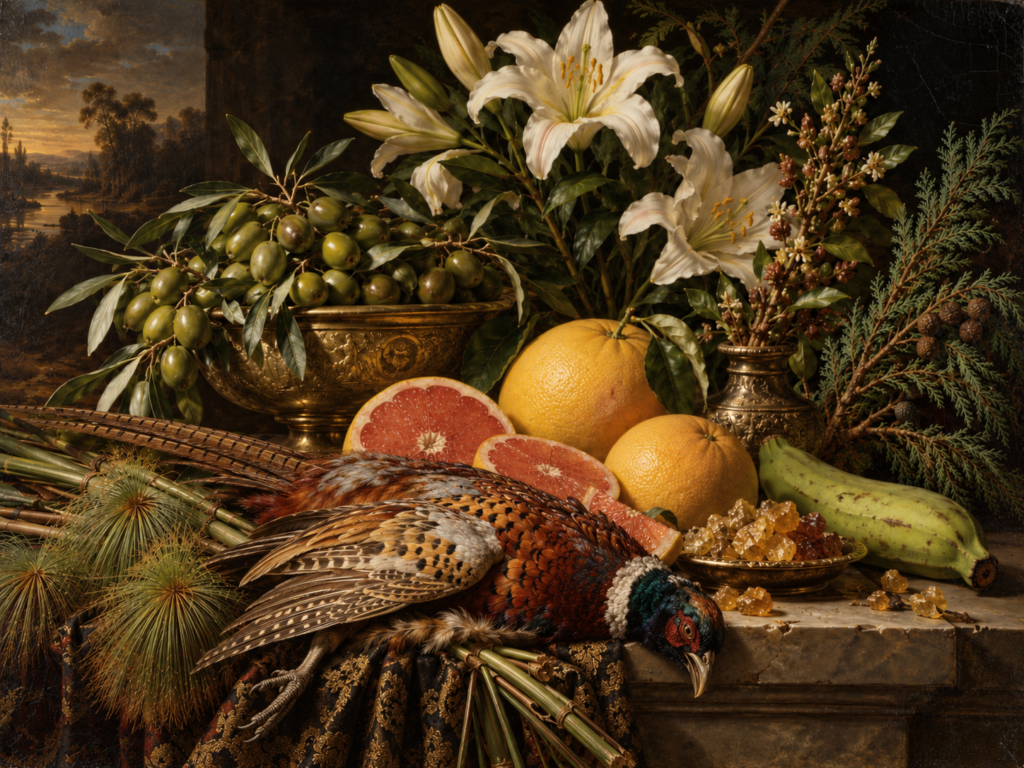 Nature morte inspirée du parfum Resurrected Corpse Flower de D.S. & Durga, avec un faisan mort, des olives vertes, des pamplemousses et des lys blancs.