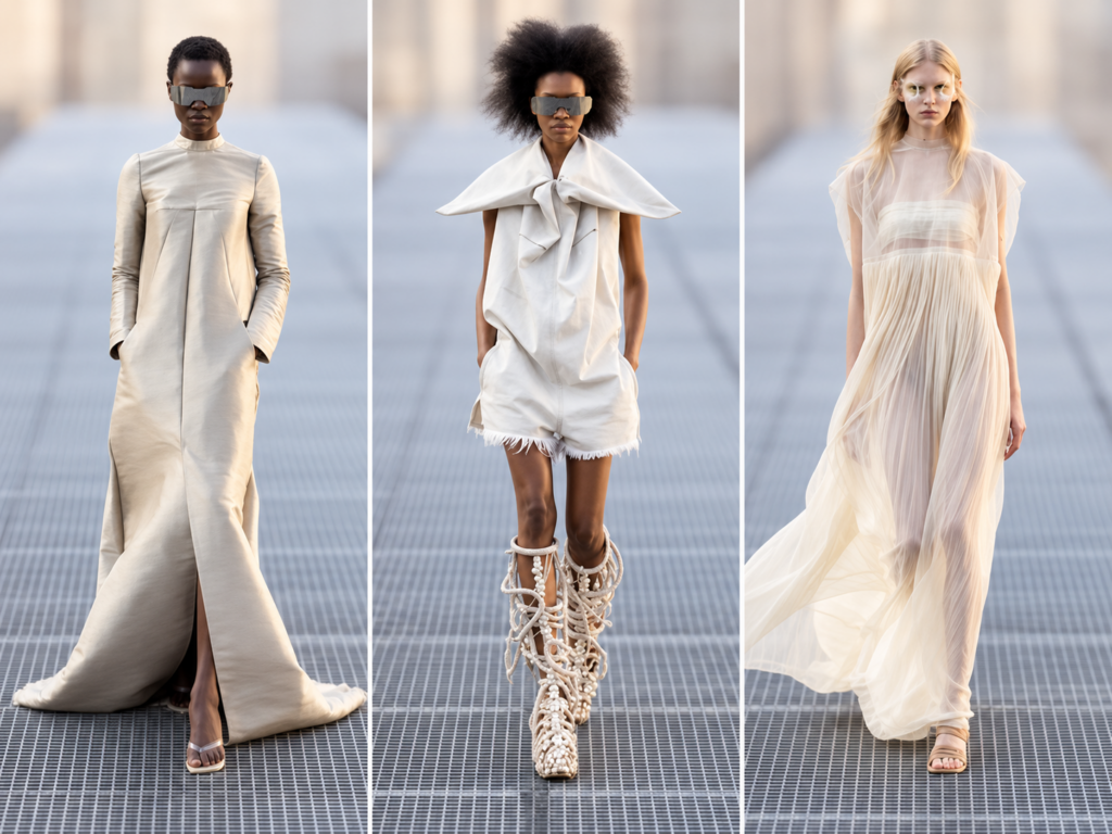 Triptyque du défilé Rick Owens printemps-été 2027 à la Paris Fashion Week, avec trois silhouettes ivoire et le look en short au centre.