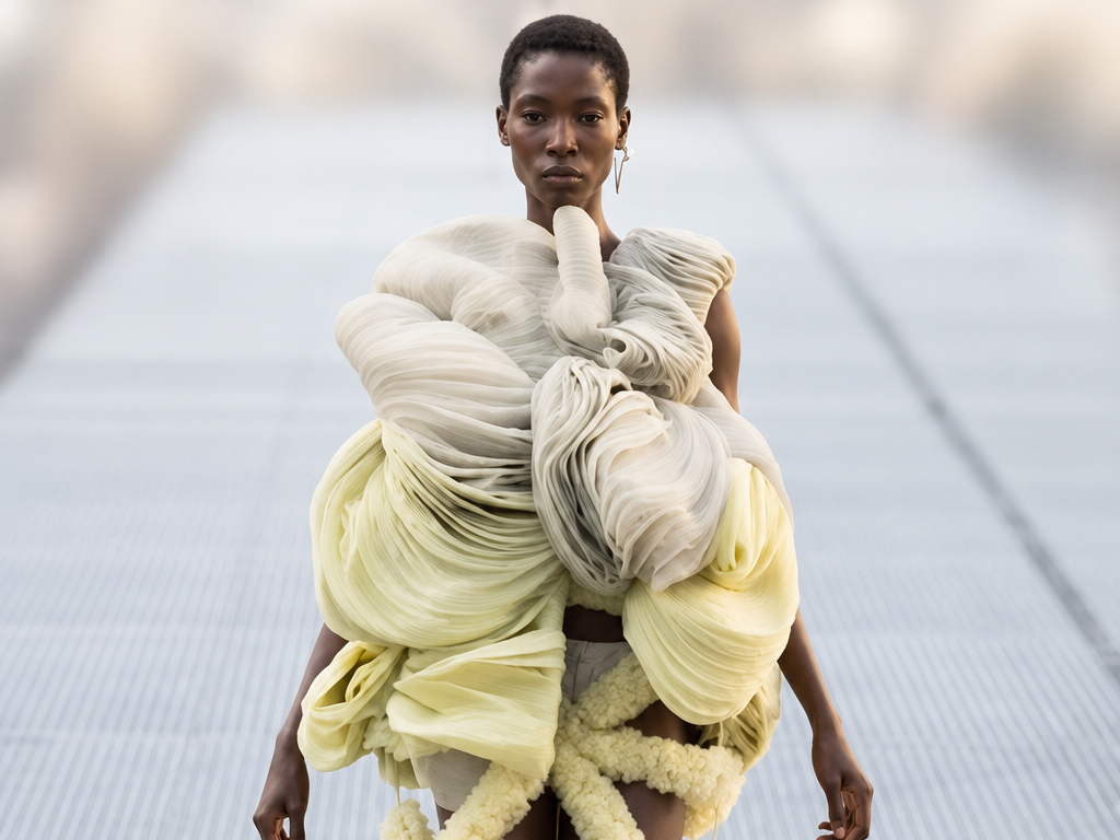 Mannequin du défilé Rick Owens printemps-été 2027 à la Paris Fashion Week, portant une silhouette sculpturale ivoire et jaune pâle.