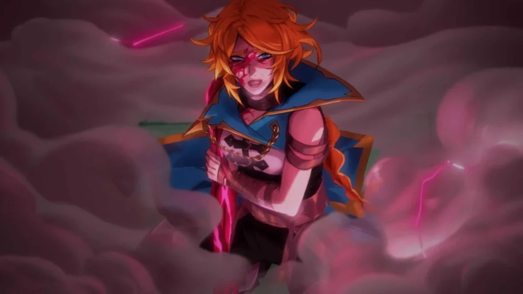 Rose Belmont en tenue de combat turquoise et noire, le visage marqué de rouge, entourée de fumée violette.