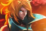 Rose Belmont, cheveux blonds et yeux bleus, porte un costume gothique au grand col turquoise bordé d'or.