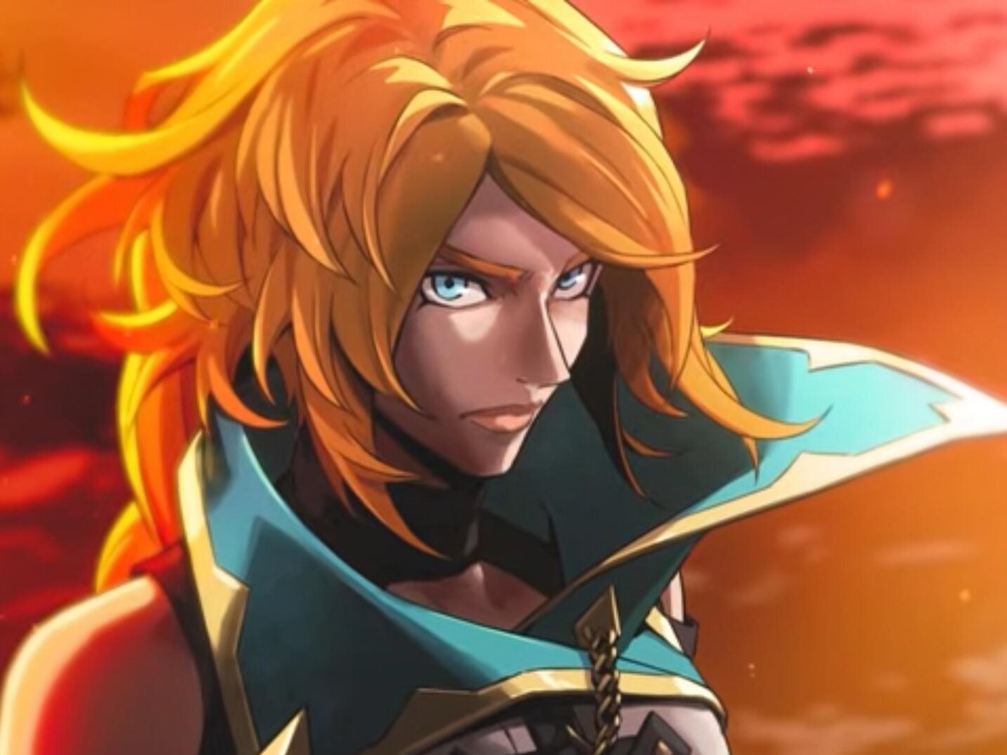 Rose Belmont, cheveux blonds et yeux bleus, porte un costume gothique au grand col turquoise bordé d'or.