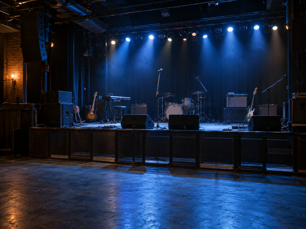 Scène de concert vide avec microphones, batterie, guitares et projecteurs bleus avant la première partie.