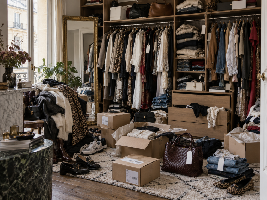 Dressing encombré de vêtements, chaussures, sacs et cartons d'expédition, illustrant l'accumulation textile.