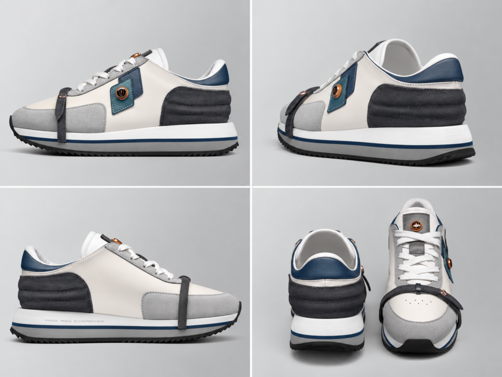 Sneaker COERENZA de Jerome Ruggiero présentée sous quatre angles, avec son design blanc, gris et bleu et son système de maintien interchangeable.