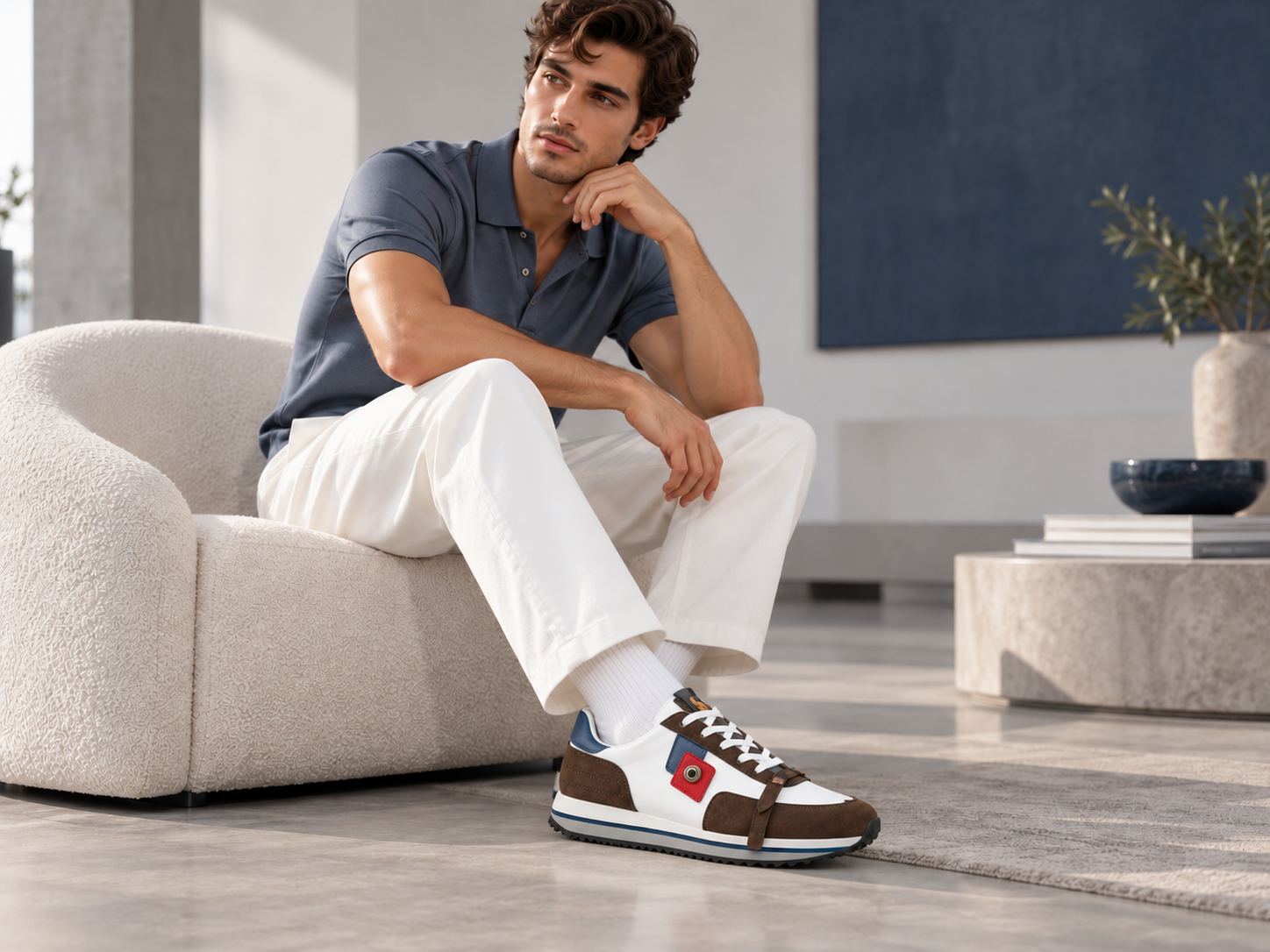 Jeune homme portant les sneakers COERENZA de Jerome Ruggiero, un pantalon blanc et un polo bleu gris dans un intérieur moderne.