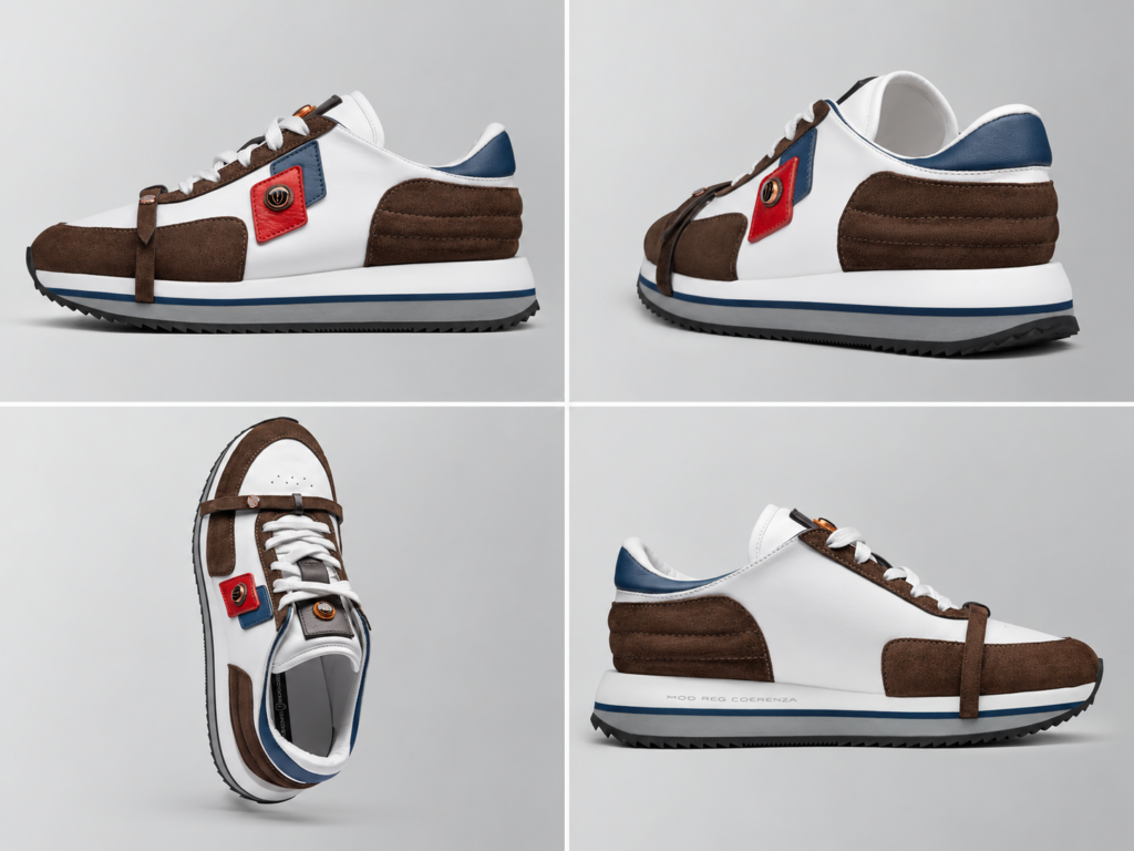 Sneaker COERENZA de Jerome Ruggiero en version blanc, brun, rouge et bleu, présentée sous plusieurs angles sur fond gris.