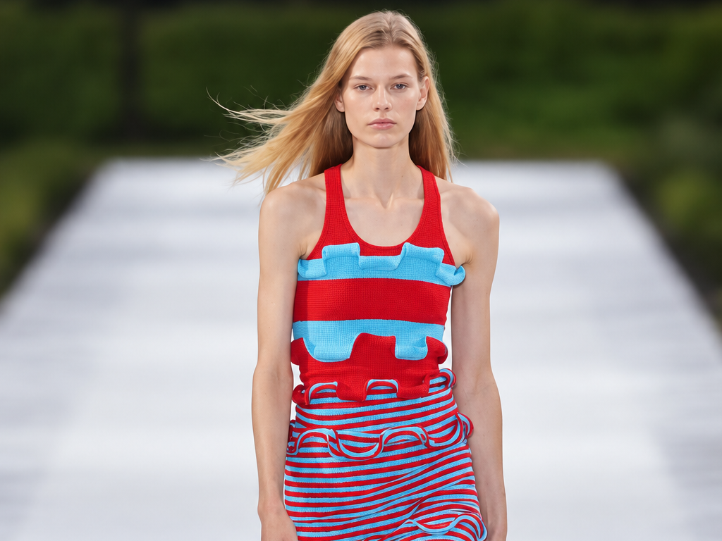 Silhouette rouge et bleu turquoise du défilé Stella McCartney printemps-été 2027 à la Paris Fashion Week, sur fond de podium flouté.