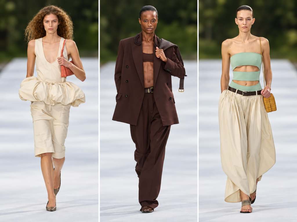 Trois silhouettes du défilé Stella McCartney printemps-été 2027 à la Paris Fashion Week, réunies en triptyque sur le podium.