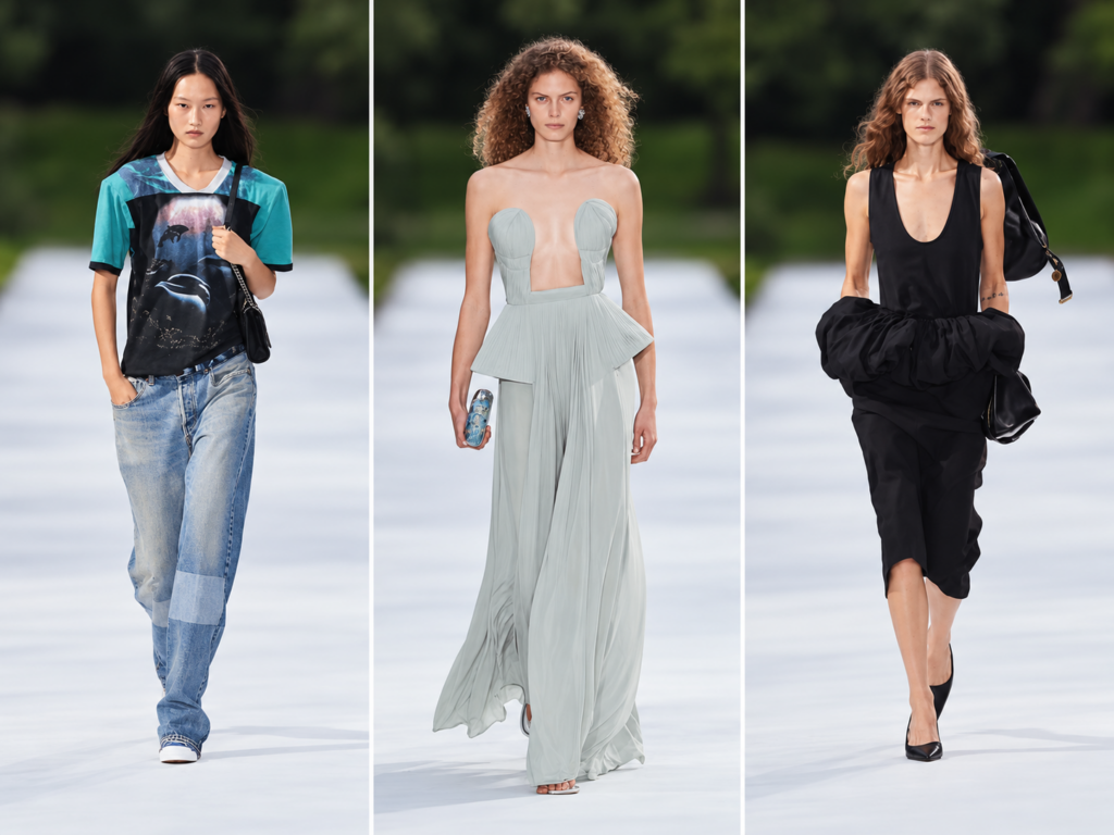 Trois silhouettes du défilé Stella McCartney printemps-été 2027 à la Paris Fashion Week, avec une robe bleu clair au centre.